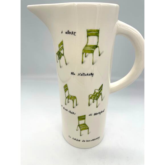 Rae Dunn French Sketch Boutique "The Scattering" Green Chairs Pitcher - Picture 2 of 12